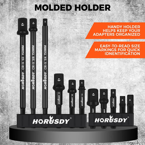 Heavy Duty Impact Socket Adapters Set For Drills In One Quarter Inch Hex Shank And Three Eighths Inch And One Half Inch Sizes, CRV Steel Built Tough For High Torque, Rust Resistant, Reinforced Construction, Includes Durable Storage Holder