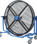 Six Foot Heavy Duty Mobile Industrial Barrel Fan Pumping Forty Thousand CFM Of Big Air Punch With Five Eighths HP ECM Motor on caster base.