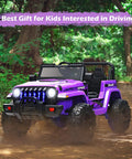 Purple Kids Ride On Car Truck 12V Battery Powered Electric Vehicle with LED headlights and remote control in a forest setting