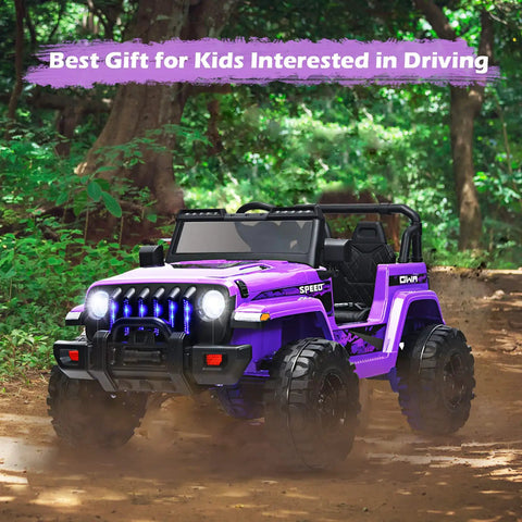 Purple Kids Ride On Car Truck 12V Battery Powered Electric Vehicle with LED headlights and remote control in a forest setting