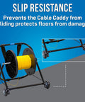 Heavy Duty Steel Cable Caddy With Wheels And Pull Strap shown with yellow cable reel, showcasing slip resistance and sturdy design
