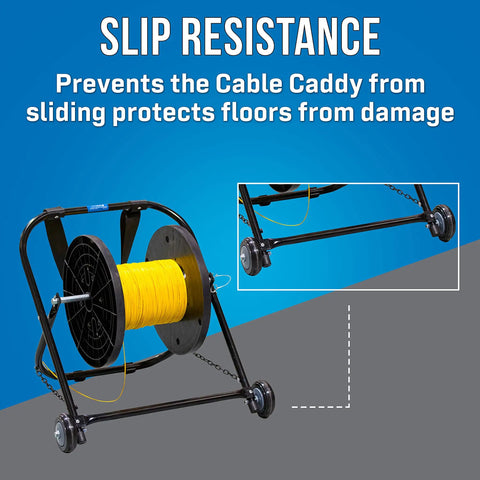 Heavy Duty Steel Cable Caddy With Wheels And Pull Strap shown with yellow cable reel, showcasing slip resistance and sturdy design