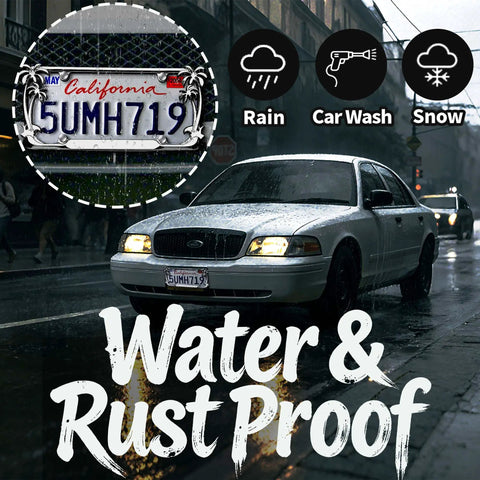 Chrome Palm Tree License Plate Frame on car driving in rain, text 'Water & Rust Proof', with focus on durability and design.