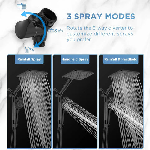Dual Filtered Rain Shower Head Set with 3 spray modes: Rainfall, Handheld, and Combination, featuring adjustable bar filter.