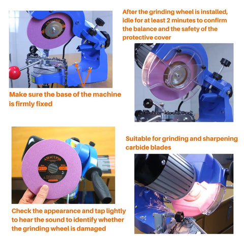 Heavy Duty Chainsaw Sharpener Grinding Wheel With Premium Chrome Oxide Abrasive For Universal Saw Chain Sharpeners To Nail High Speed Steel Teeth Smooth As Butter 3/16 Inch Thick By 5 3/4 Inch Diameter image showing grinding wheel and machine setup.