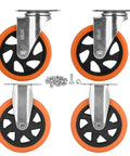 Heavy Hitter 6 Inch Caster Wheels Set Of Four With Ball Bearings and 360 Degree Swivel Action featuring orange rubber tires and metal base.