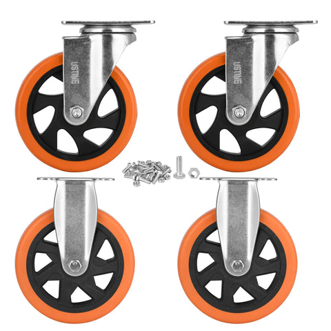 Heavy Hitter 6 Inch Caster Wheels Set Of Four With Ball Bearings and 360 Degree Swivel Action featuring orange rubber tires and metal base.