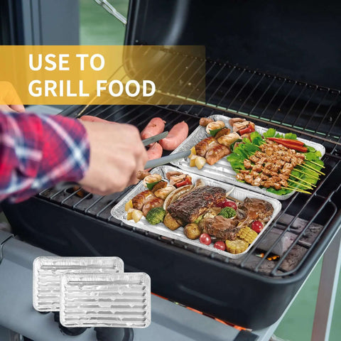 Grilling food using 40 Pack Disposable Aluminum Broiler Pans, 13.38 by 8.81 by 1.06 Inches, Thick Aluminum Foil, on an outdoor grill