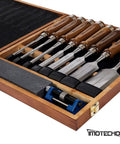 Pro-Grade 10-Piece Woodworking Chisel Set With Wooden Box, Honing Guide, Sharpening Stone, Razor-Sharp CR-V Steel Blades, Teak Handles, Rockwell C60 Hardness For Ultra Precise Carving And Smooth Finishes displayed in open wooden box