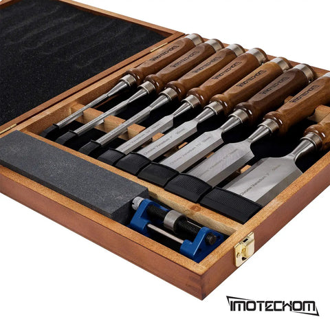 Pro-Grade 10-Piece Woodworking Chisel Set With Wooden Box, Honing Guide, Sharpening Stone, Razor-Sharp CR-V Steel Blades, Teak Handles, Rockwell C60 Hardness For Ultra Precise Carving And Smooth Finishes displayed in open wooden box