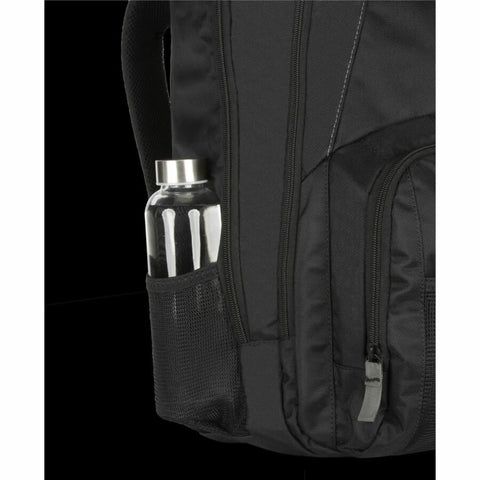 Hustle Hard Laptop Backpack For Up To 17 Inch Machines, water bottle pocket with mesh detailing on side.