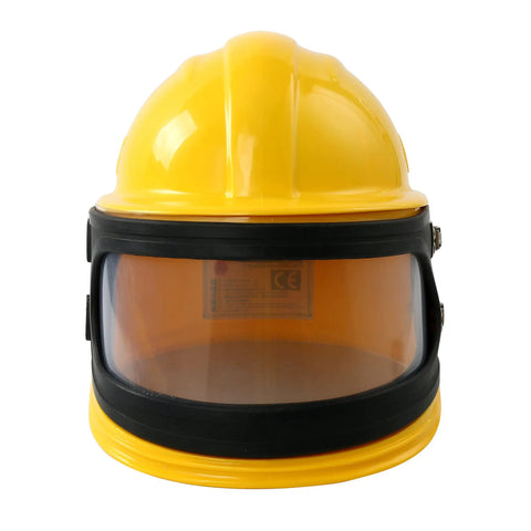 Beast Mode Sandblast Helmet With Air Supplied Hood And Shoulder Cloak, front view of full face safety gear in yellow.