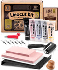 Linoleum Block Printmaking Kit with four color ink, tools, brayer, baren, ink plate, transfer papers, and sharpener stone