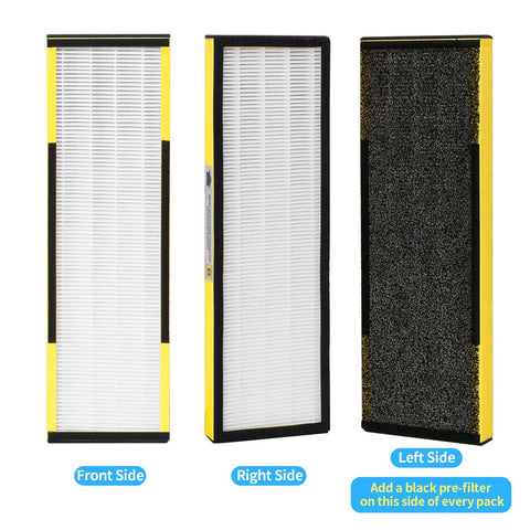 Front, right, and left views of the Six Pack FLT4825 H13 True HEPA Replacement Filter B, showing filter design and material.