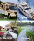Collage showing RV on grass, luxury boat, car being washed, and garden being watered