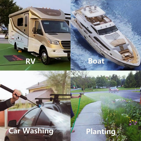Collage showing RV on grass, luxury boat, car being washed, and garden being watered