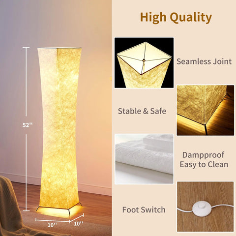Image shows Tall Dimmable Floor Lamp With 52 Inch Frame, 3 Brightness Levels, Dual 12W LED Bulbs, White Fabric Shade, Modern Column design.