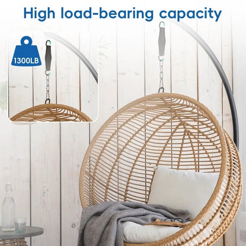 Beefy Heavy Duty Porch Swing Springs Two Pack 1300 Lb Capacity Rust Resistant Chrome Plated 304 Stainless Steel with rattan chair
