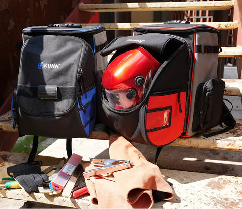 Welding Backpack With Detachable Helmet Bag And Built In Lunch Tote For Easy On The Job Site Storage Of Welding Gear Ultra Durable Tool Carrier With Padded Back And Straps Red and black backpacks on stairs with gear.