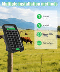 Go To Solar Fence Charger Energizer With 0.11J Output 5 Mile Range shown on a farm fence with installation options list.