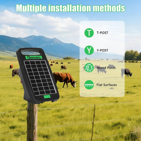 Go To Solar Fence Charger Energizer With 0.11J Output 5 Mile Range shown on a farm fence with installation options list.