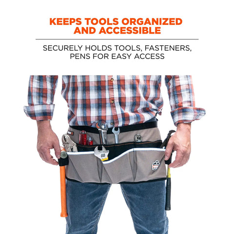 Person wearing Arsenal 5706 Canvas Waist Tool Apron with 13 pockets and dual hammer loops, showing front access and tools inside pockets