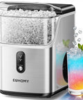 Countertop Nugget Ice Maker With Self Cleaning And Ice Scoop Pebble Ice Machine delivers soft chewable ice, shown with iced drink