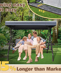 Family relaxing on Three Person Outdoor Patio Swing With Adjustable Canopy, Upgraded Cup Holders, Textilene Fabric Seat, Sturdy Stand