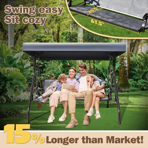 Family relaxing on Three Person Outdoor Patio Swing With Adjustable Canopy, Upgraded Cup Holders, Textilene Fabric Seat, Sturdy Stand