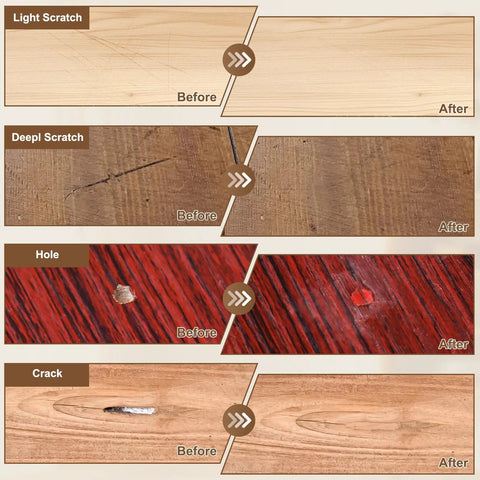 Smooth Operator 3 Temp Wax Melting Pen With Digital Display And Rechargeable USB Heater For Laminate Wood Floor Furniture Countertop And Tile Repair Using Hard Wax Fillers In Blue before and after fixing wood scratches, hole, and crack.
