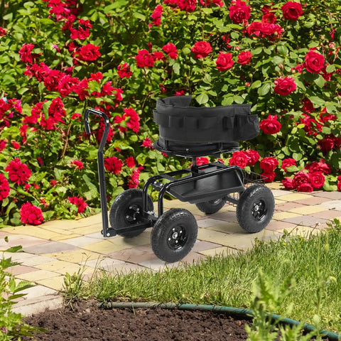 Rolling Garden Stool With Seat And Extendable Handle Tool Cart With Wheels And Extra Storage Knee Friendly Seat For Planting And Weeding Durable Steel Frame In Black in a garden setting