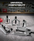 5 In 1 Front End Service Tool Kit with ball joint separator, tie rod and conical pitman pullers in a workshop setting