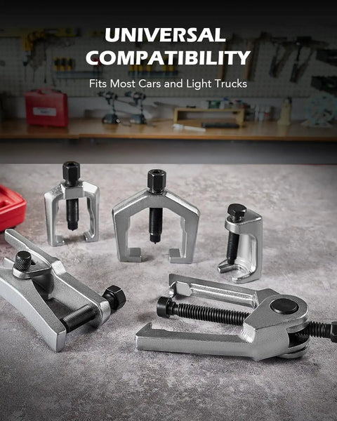 5 In 1 Front End Service Tool Kit with ball joint separator, tie rod and conical pitman pullers in a workshop setting