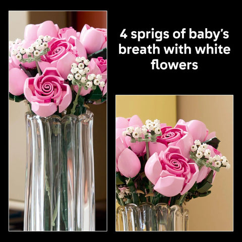 Botanicals Pink Rose Bouquet Buildable Flowers Set For Adults 18 Plus Gift For Her Home Office Decor Shelf Or Room Display Cool DIY Flower Arrangement 10374, pink brick bouquet in glass vase