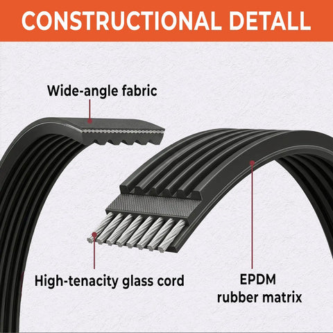Construction details of Top Tier 83 Inch V Ribbed Belt Replacement For Your Ride That Fits Perfectly With 4 Ribs And EPDM Rubber Construction.