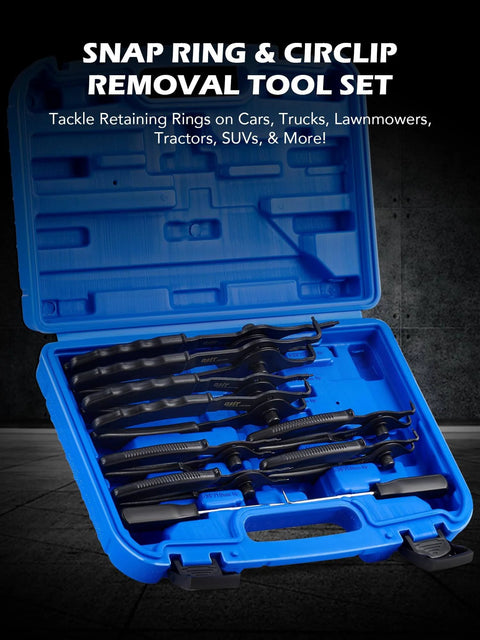 Open blue case showing 10 Piece Snap Ring Pliers Set For Internal And External Circlips With Bent And Straight Pliers Hook Pick Pro Grade Heavy Duty Circlip Removal Tool With Storage Case And Gloves.