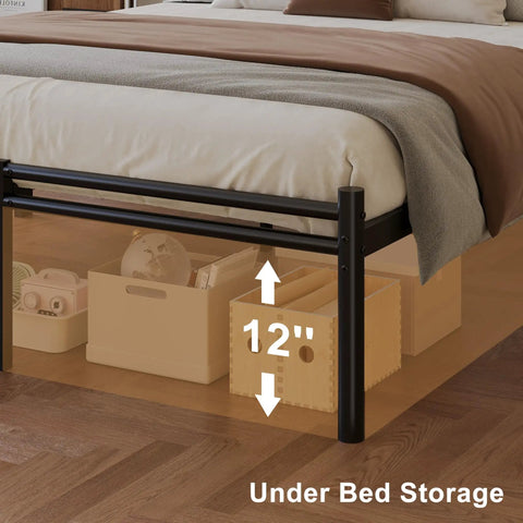 Heavy Hitter Twin XL Bed Frame With Sleek Round Headboard And Footboard Built Like Iron For Unshakable Stability Reinforced Steel Slats Handle Up To 1500 Lbs Zero Fuss Install Total No Squeak Guarantee showing 12 inches of under bed storage space.