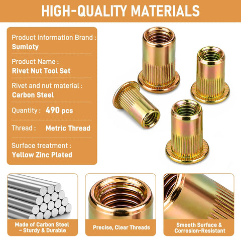 Rivet Nut Tool Kit With 490Pcs Metric Rivnuts Set Hand Setter And 10 Mandrels 5 Sizes M3 M4 M5 M6 M8 Carbon Steel Threaded Inserts