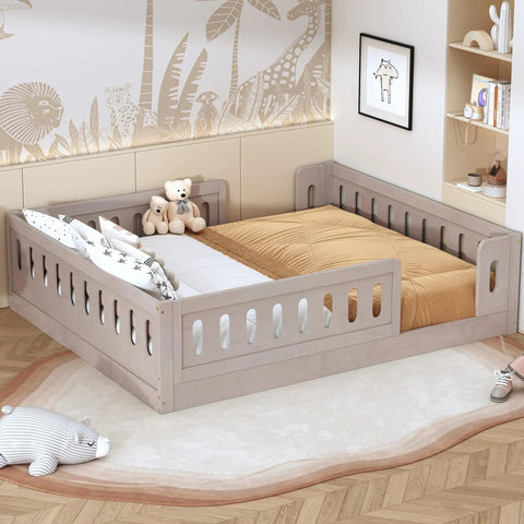 Full Size Wood Bed Frame With Safety Guardrail For Kids Kid Friendly Semi Enclosed Play Space Natural Pine Platform Bed