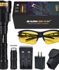 Blacklight UV Flashlight 395nm 3 LED Ultraviolet Black Light with accessories including charger, glasses, case, and packaging.