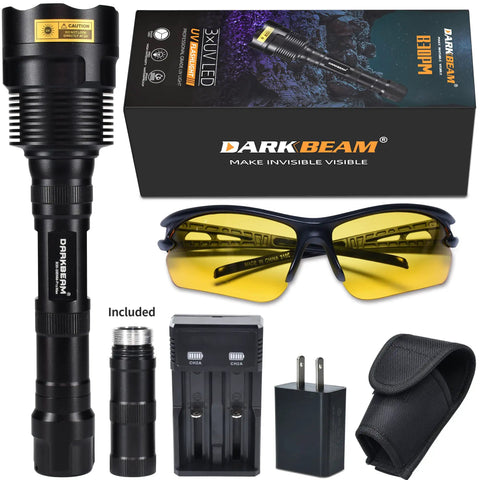 Blacklight UV Flashlight 395nm 3 LED Ultraviolet Black Light with accessories including charger, glasses, case, and packaging.