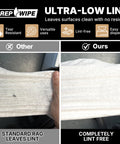 Comparison of standard rag versus Prep Wipe White Lint Free Cleaning Towels 300 Sheets, showing lint-free feature.