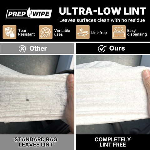 Comparison of standard rag versus Prep Wipe White Lint Free Cleaning Towels 300 Sheets, showing lint-free feature.