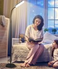 Lit LED Floor Lamp With Stepless Dimming And 3000K To 6000K Color Range, family reading by flexible lamp in cozy room