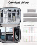 Waterproof Double Layer Electronics Organizer Bag For Cables Chargers Power Banks Adapters USB Cables Kindle Hard Drives and More, open view with adjustable dividers