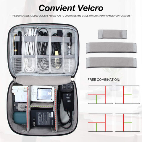 Waterproof Double Layer Electronics Organizer Bag For Cables Chargers Power Banks Adapters USB Cables Kindle Hard Drives and More, open view with adjustable dividers