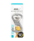 Dual Bottle Opener And SBiner Carabiner Combo in stainless steel packaging with double sided bottle openers displayed
