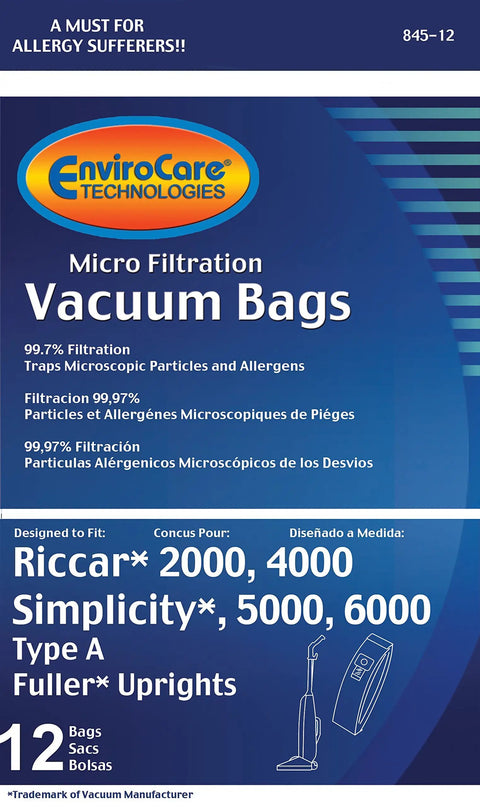 Replacement Micro Filtration Vacuum Dust Bag Set 12 Pack For Riccar 2000 4000 Vibrance Series And Simplicity 5000 6000 Symmetry Type A Go To Spare Kit For Upright Cleaners