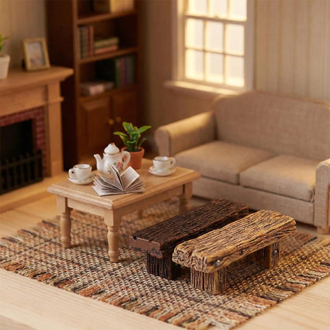 Miniature Resin Bench Set For Fairy Gardens And Dollhouses, 18 Pieces Tiny Park Benches And Chairs in a dollhouse scene.