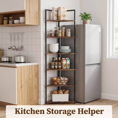 Six Tier Corner Bookshelf With Industrial Metal Frame And Engineered Wood Shelves Tall Seventy One Point Seven Inch Bookcase